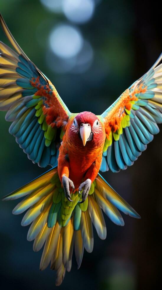 AI generated A colorful parrot in mid-flight, with its wings spread wide and its feathers a rainbow of colors photo