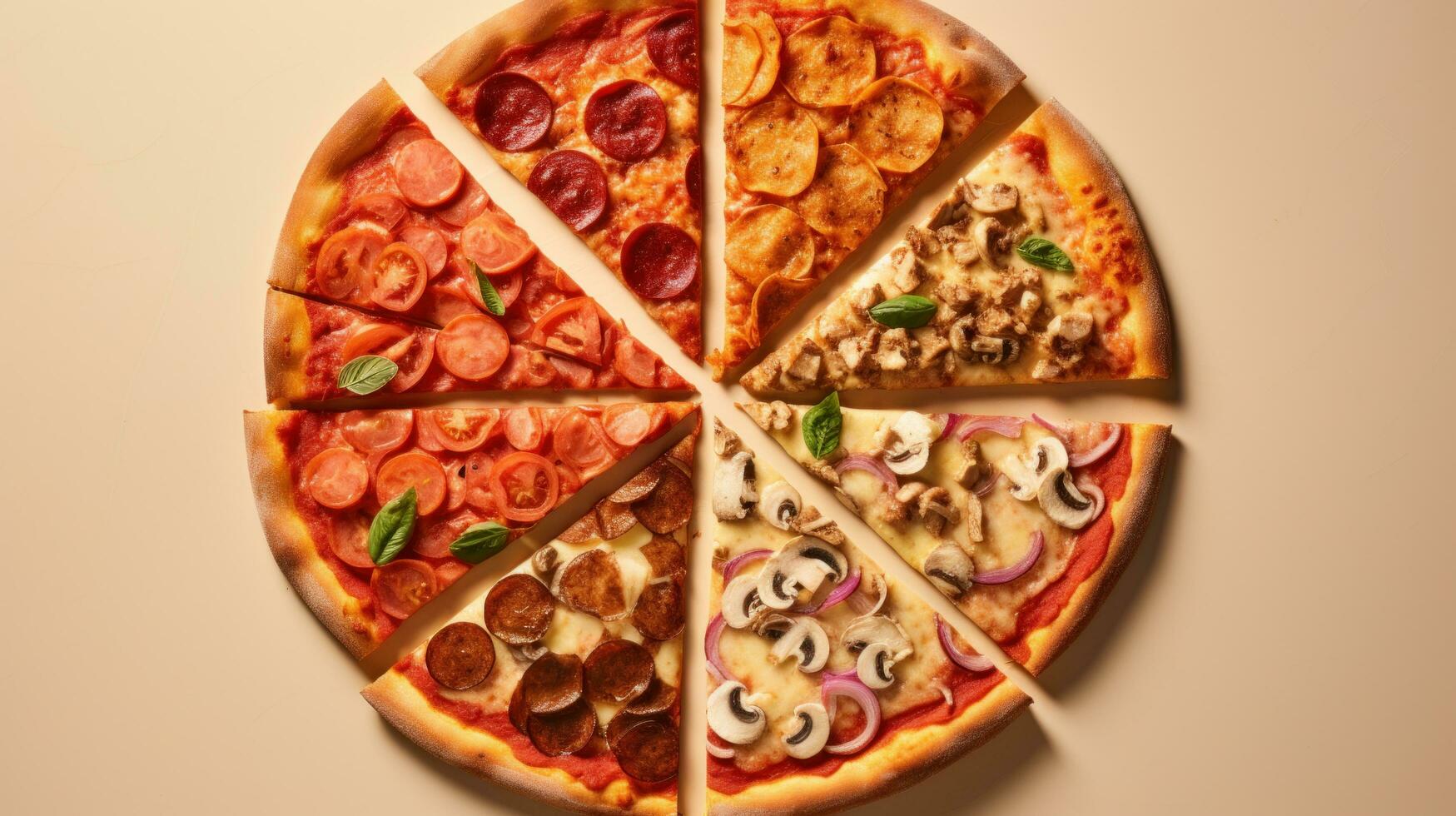 AI generated different types of pizza, including classic margherita, pepperoni, and mushroom photo