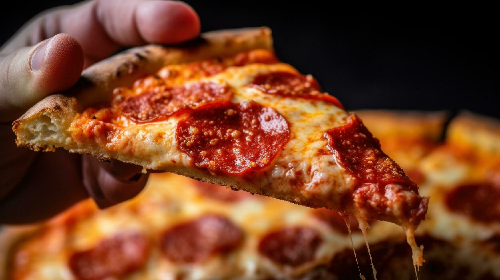 AI generated person's hand holding a slice of pizza with a bite taken out of it, conveying the satisfaction photo