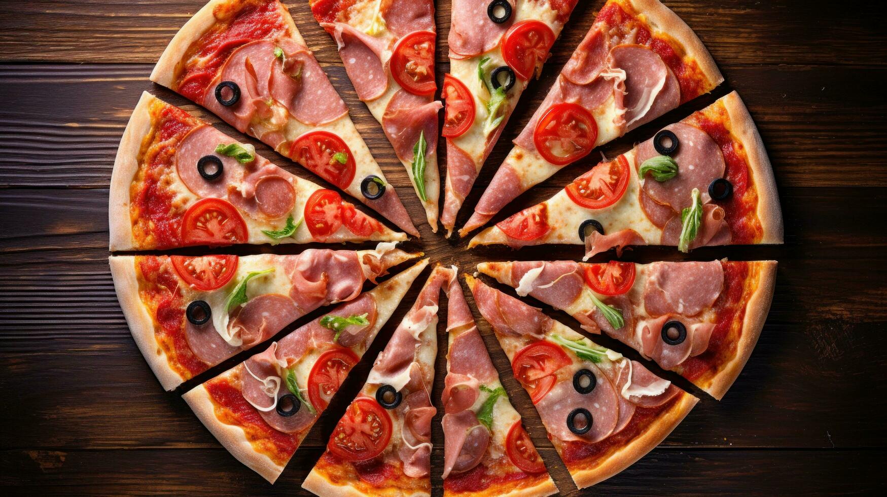 AI generated pizza slices arranged in a spiral pattern, emphasizing the symmetrical beauty of the pizza photo