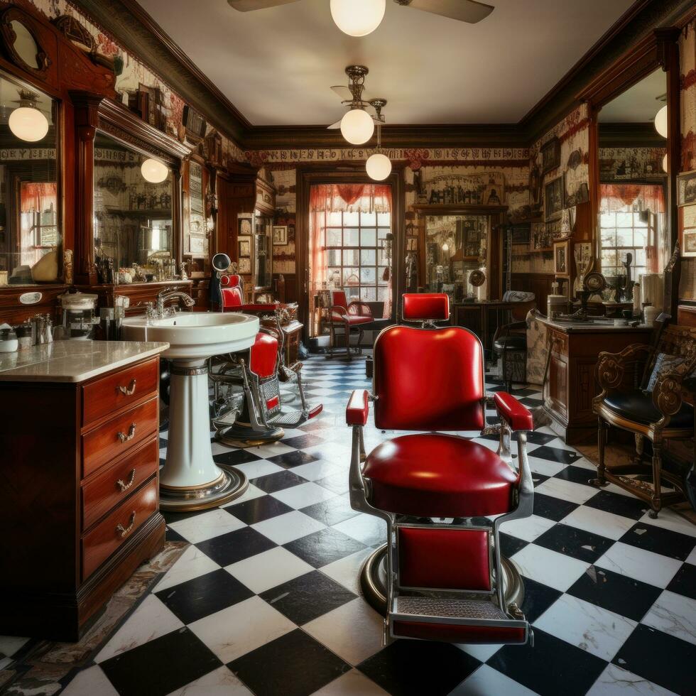 AI generated a vintage barber shop, complete with classic red and white barber pole, leather chairs photo