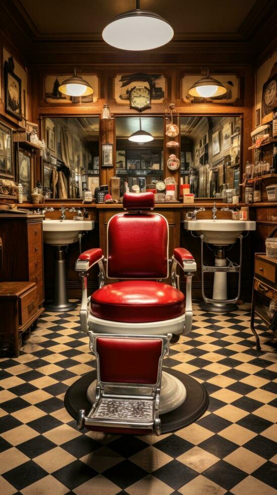 AI generated a vintage barber shop, complete with classic red and white barber pole, leather chairs photo