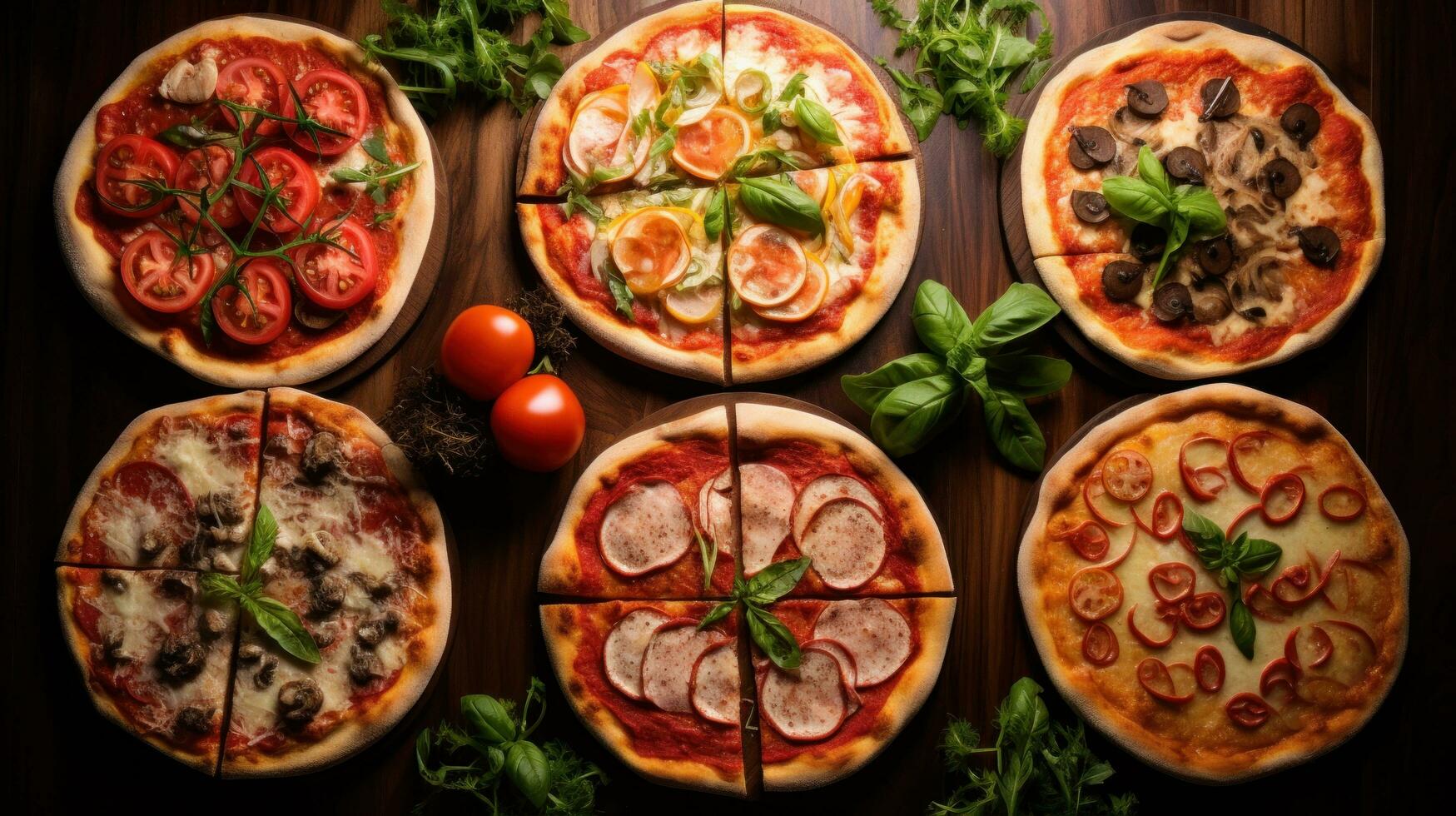 AI generated different types of pizza, including classic margherita, pepperoni, and mushroom photo