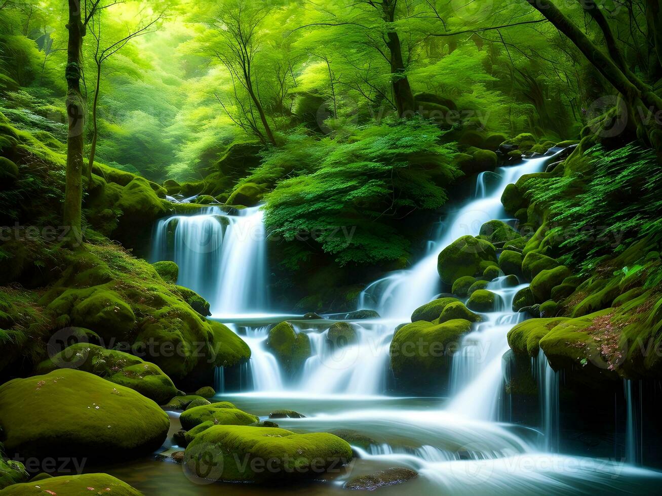 AI generated Created using generative AI. Peaceful landscapes. Fairytale elven forest with waterfalls and mountains. photo
