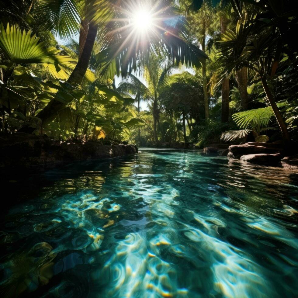 AI generated a pool in a tropical location, complete with palm trees, clear water, and sunshine photo