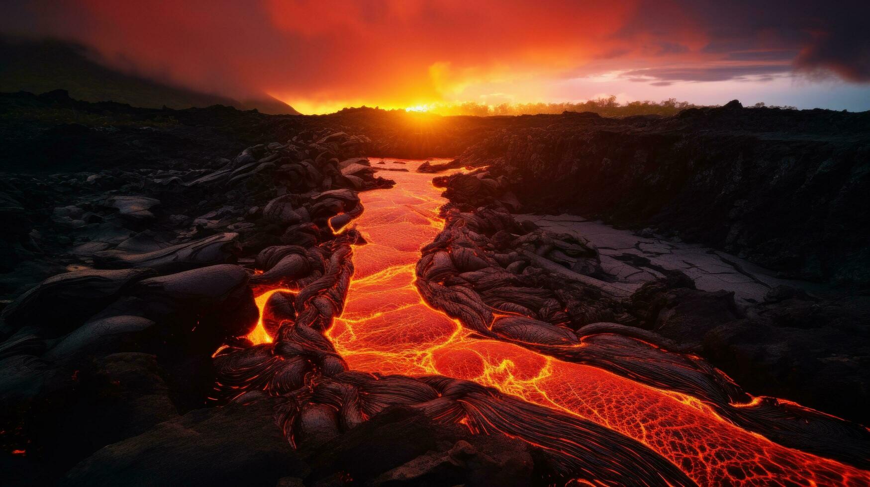 AI generated heat and energy of a volcano's lava captures the molten rock as it cascades down the mountainside photo