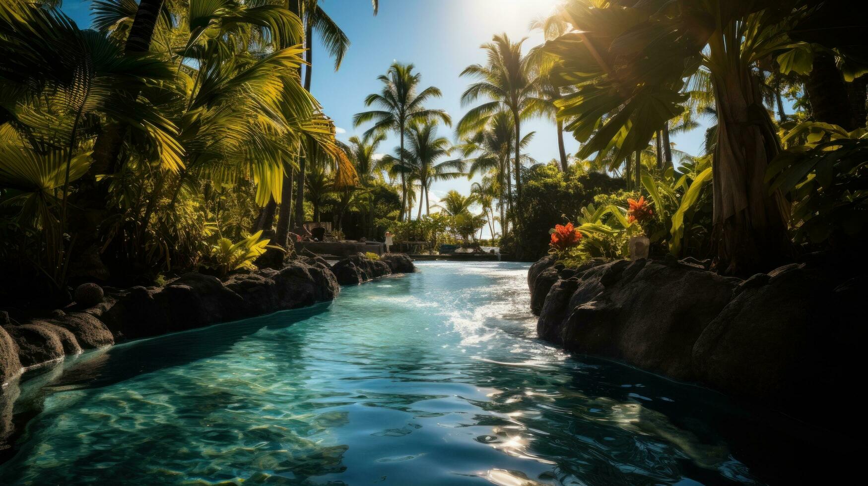 AI generated a pool in a tropical location, complete with palm trees, clear water, and sunshine photo