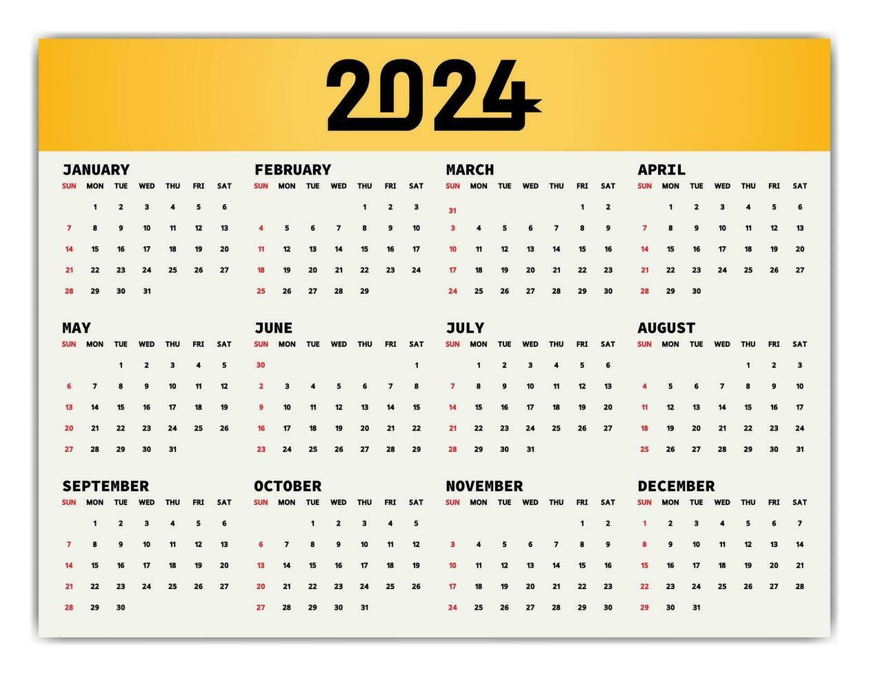 calendario 2024 nuevo año soltero página 12 mes anual calendario modelo. mensual anual calendario diseño Listo a impresión. 2024 anual calendario cuadrícula pared o escritorio disposición. planificador para 2024 año, diario. vector