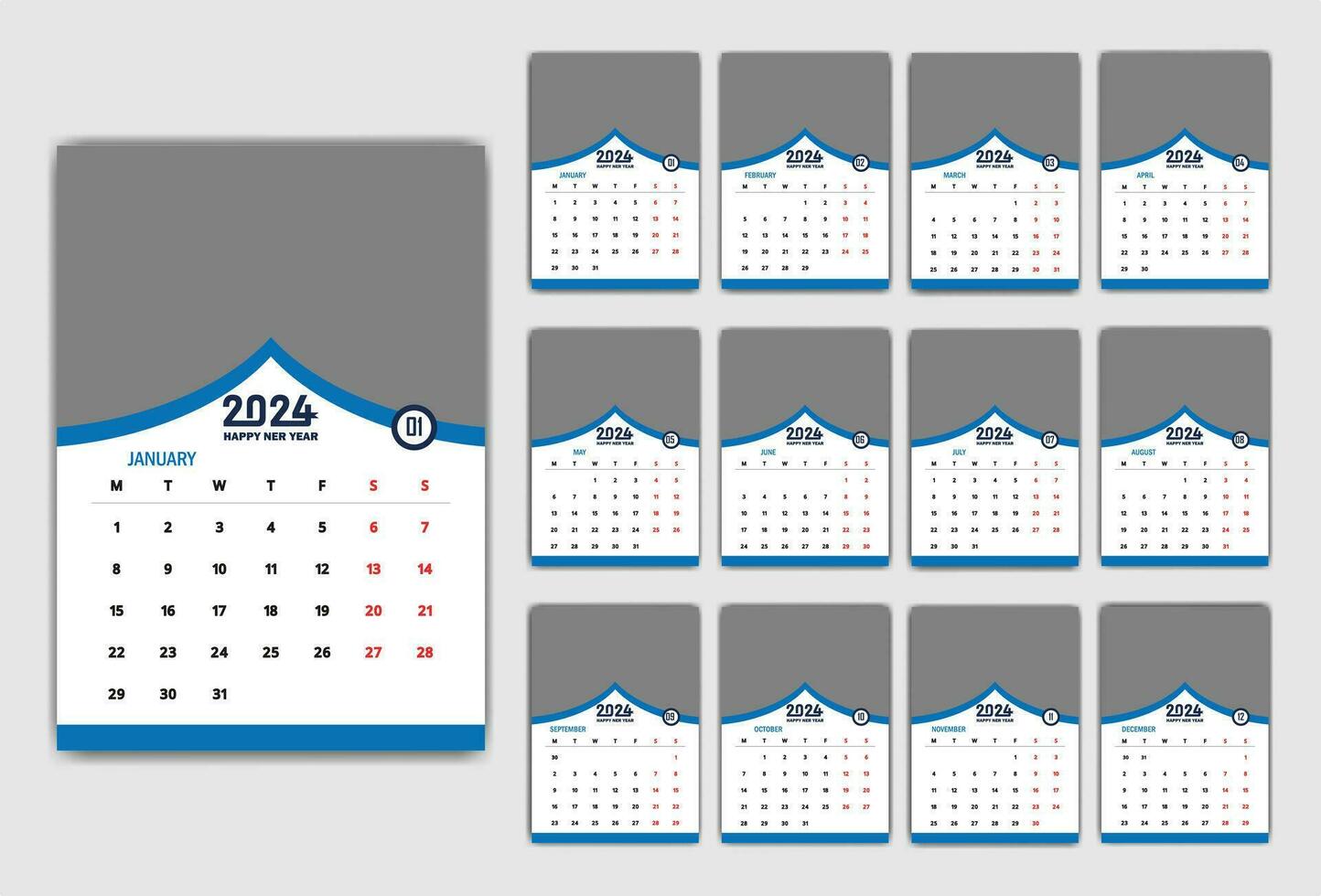 Wall Calendar 2024 new year single page 12 month annual calendar template. Monthly yearly calendar layout ready to print. 2024 annual calendar grid wall or desk layout. Planner for 2024 year, diary. vector