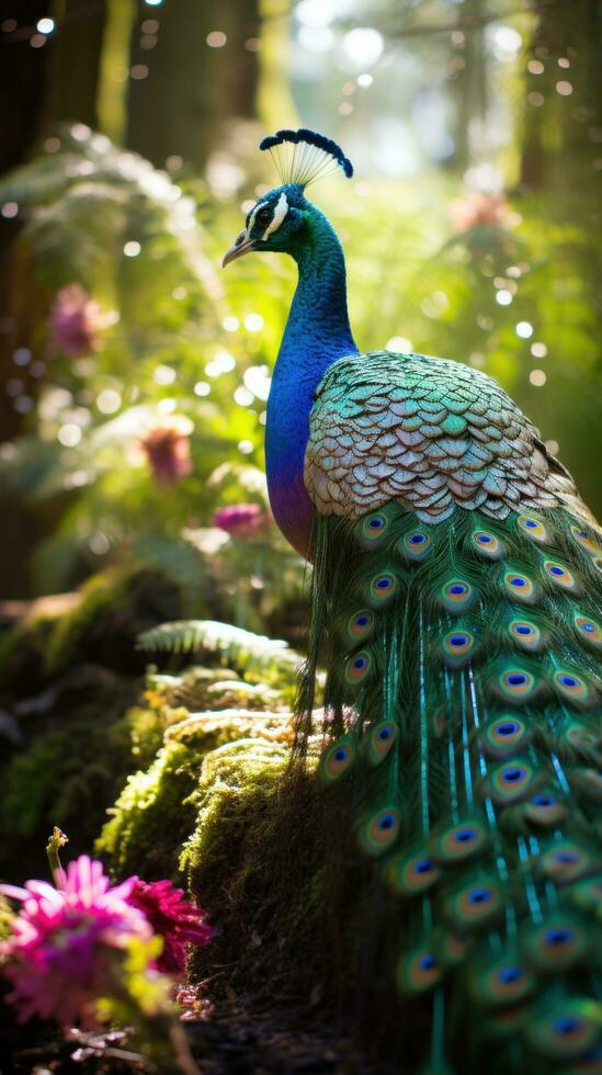 AI generated A regal peacock strutting through the forest, its iridescent feathers shimmering in the sunlight photo
