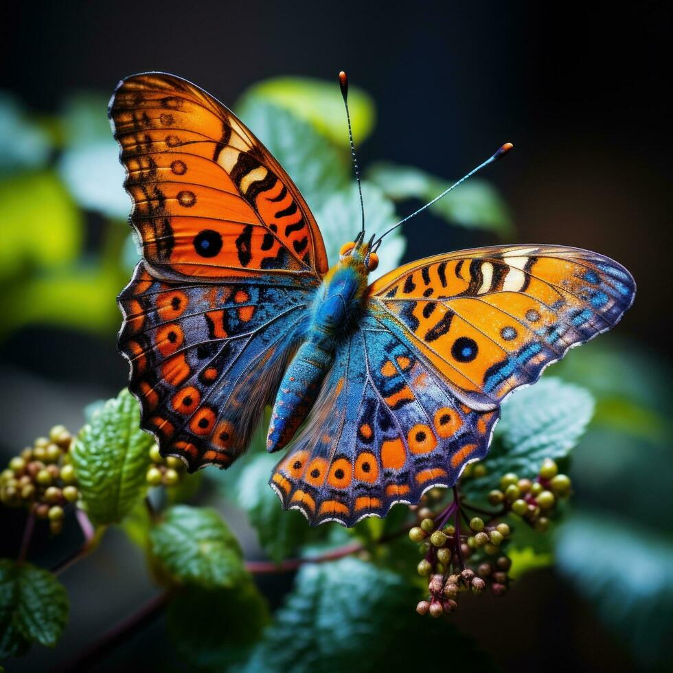 AI generated A butterfly perched on a leaf, its delicate wings showcasing intricate patterns and vibrant colors photo