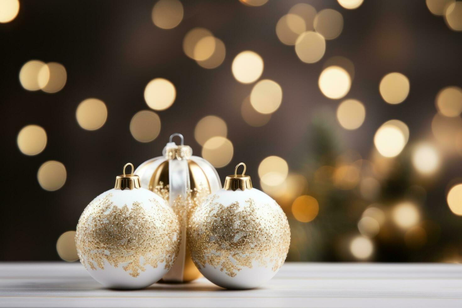 AI generated glamorous Christmas composition with gold and white ornaments and glitter background photo