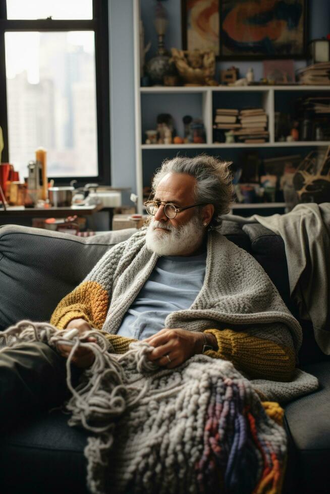AI generated A man knitting a large blanket while sitting on a comfortable couch in his living room photo