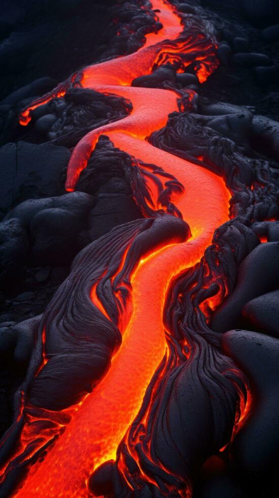 AI generated heat and energy of a volcano's lava captures the molten rock as it cascades down the mountainside photo