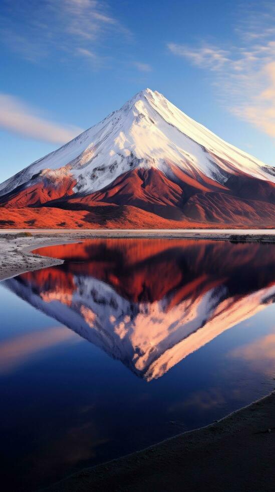 ai generado capturas el sereno belleza de un volcánico montaña reflejado en un calma, claro como el cristal lago foto