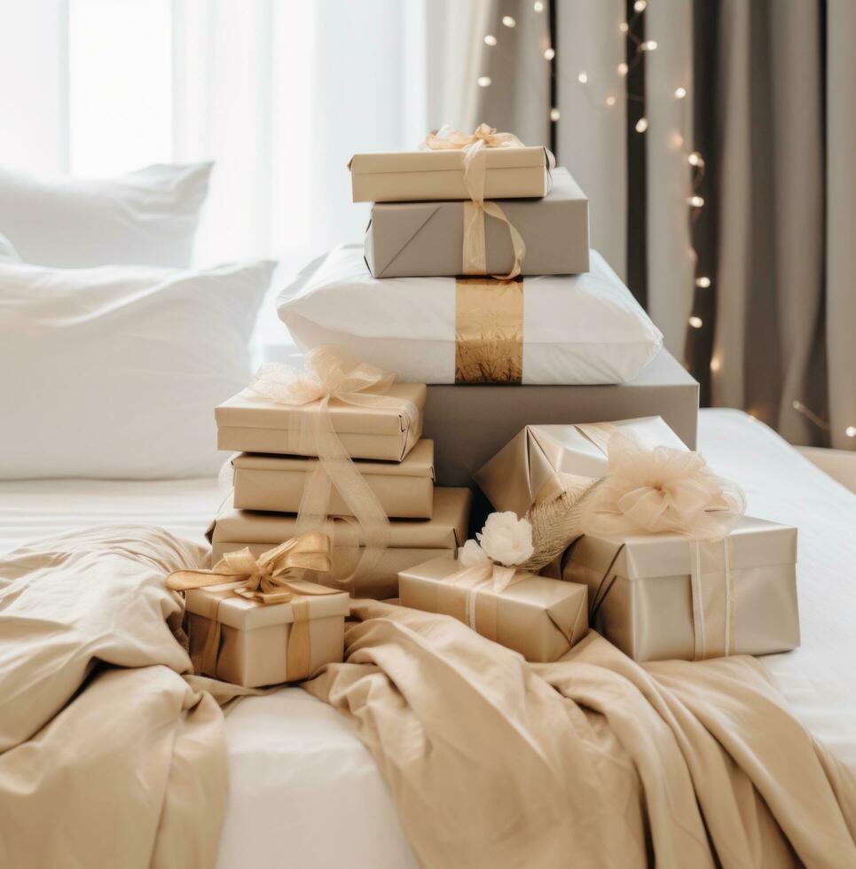 ai generado un cama apilado con pantalones de regalos y varios adornos, foto