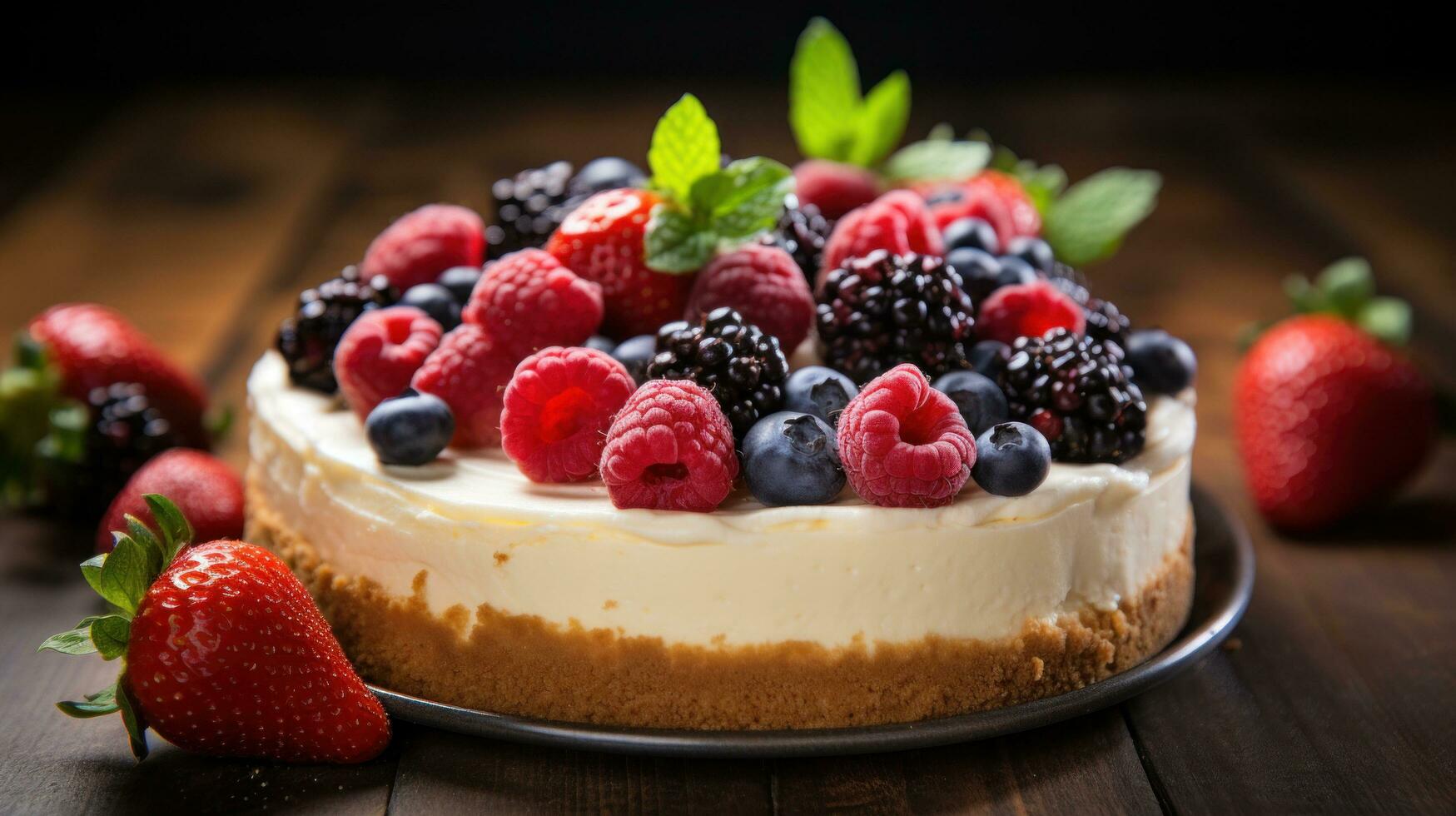 AI generated still life of a rustic fruit tart, with a crumbly almond crust and a colorful arrangement of berries photo