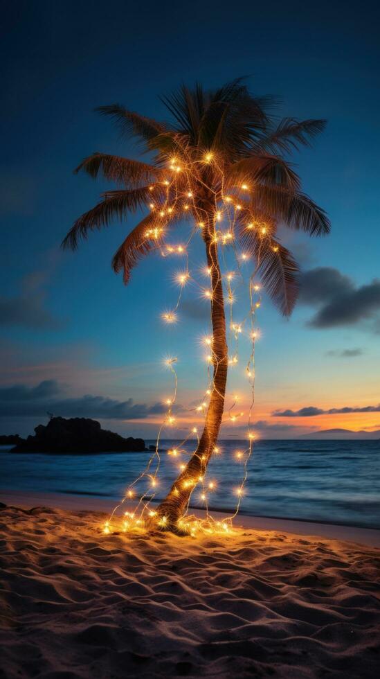 AI generated A single palm tree on a beach, wrapped in a string of light bulb garlands. photo