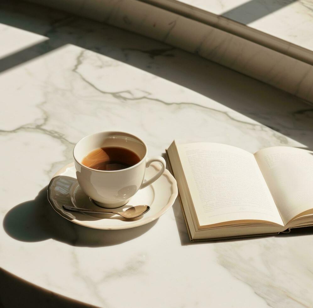 AI generated a cup of coffee sits next to a book full of pages photo