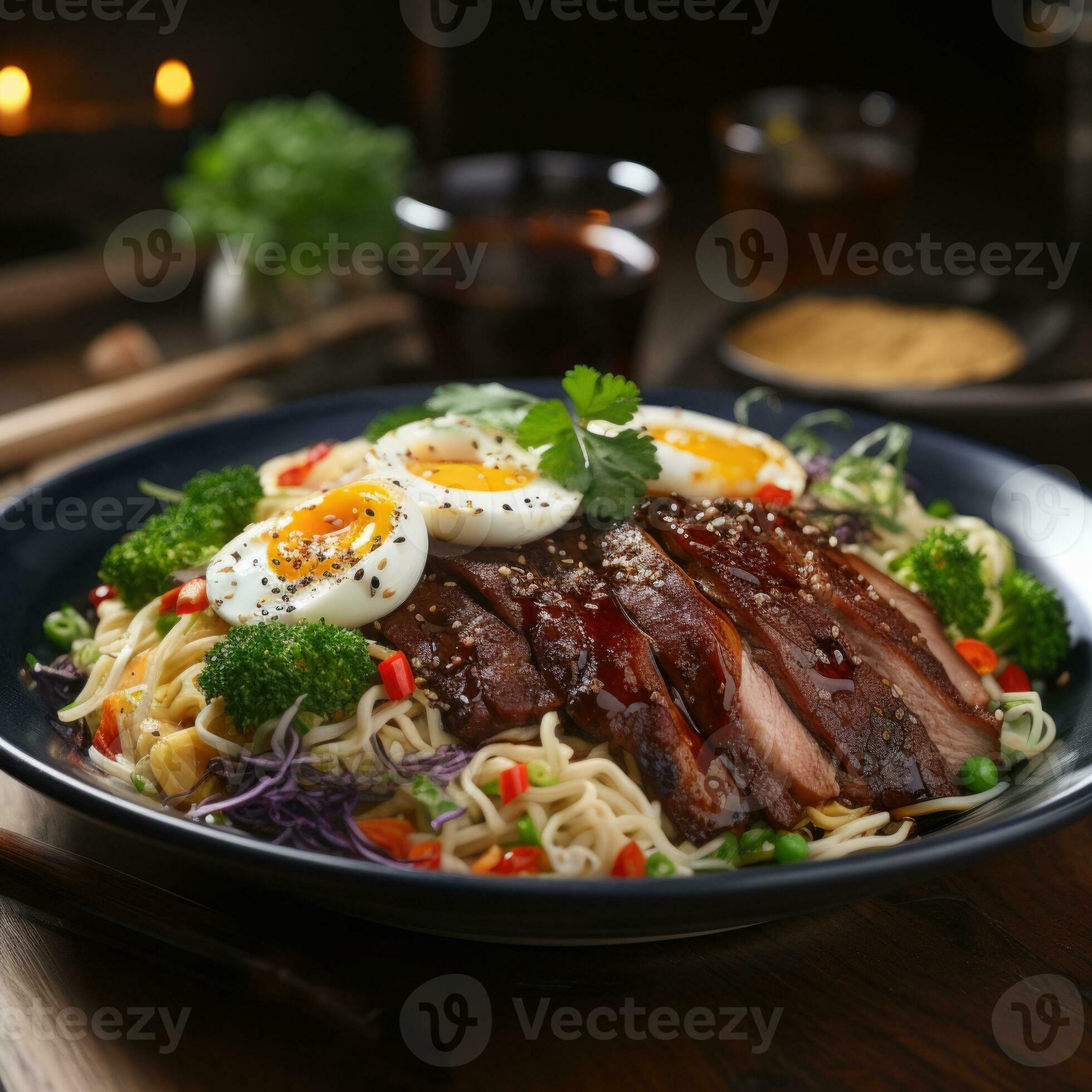 AI generated Fried Duck Meat with Egg Noodles Realistic Photo on Table