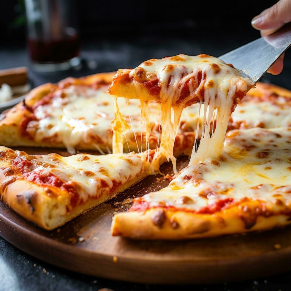 AI generated A pizza being sliced with a sharp cutter, emphasizing the crispy texture of the crust photo