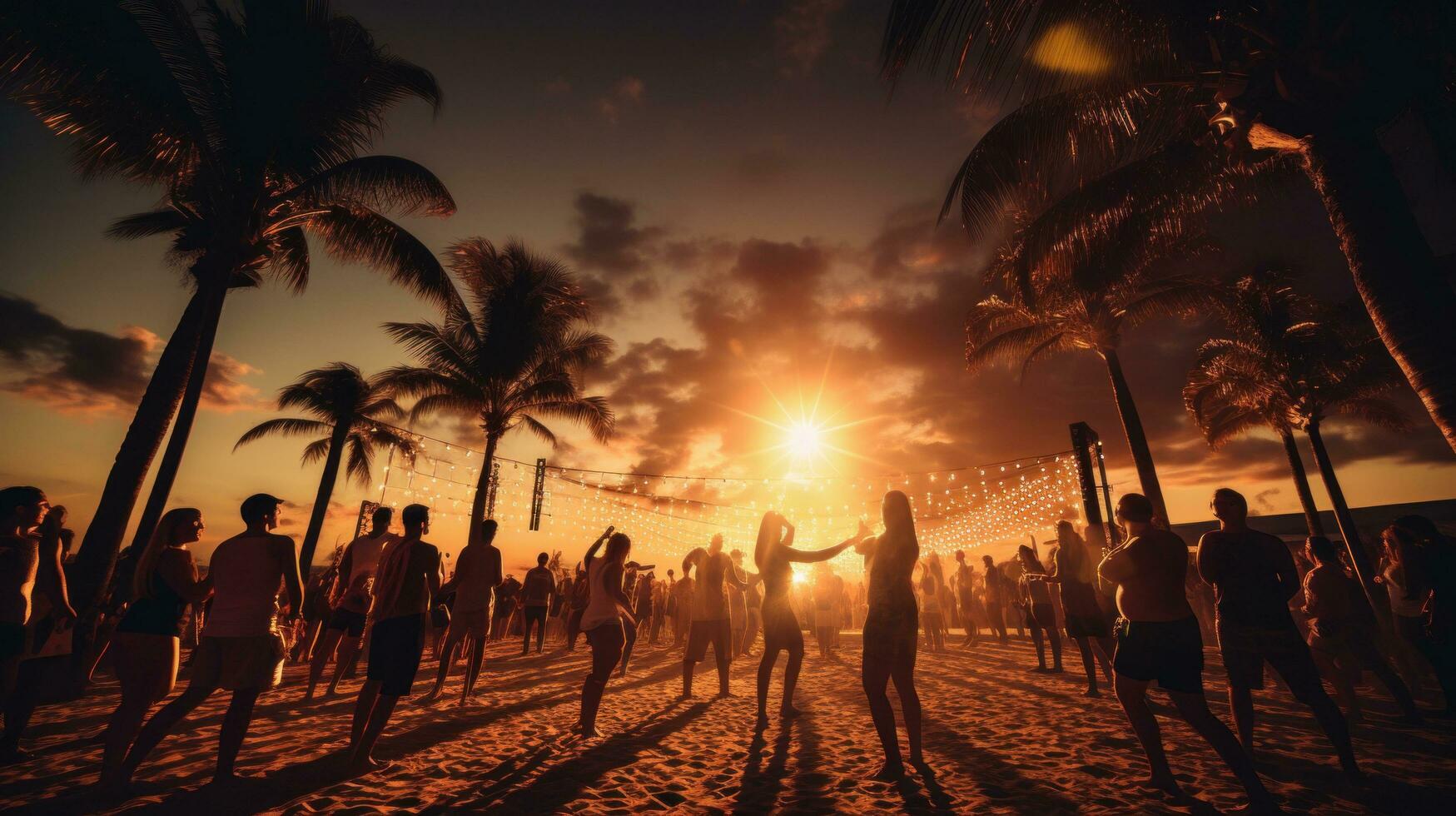 AI generated A group of people playing beach volleyball under the lights, with the sound of the waves. photo