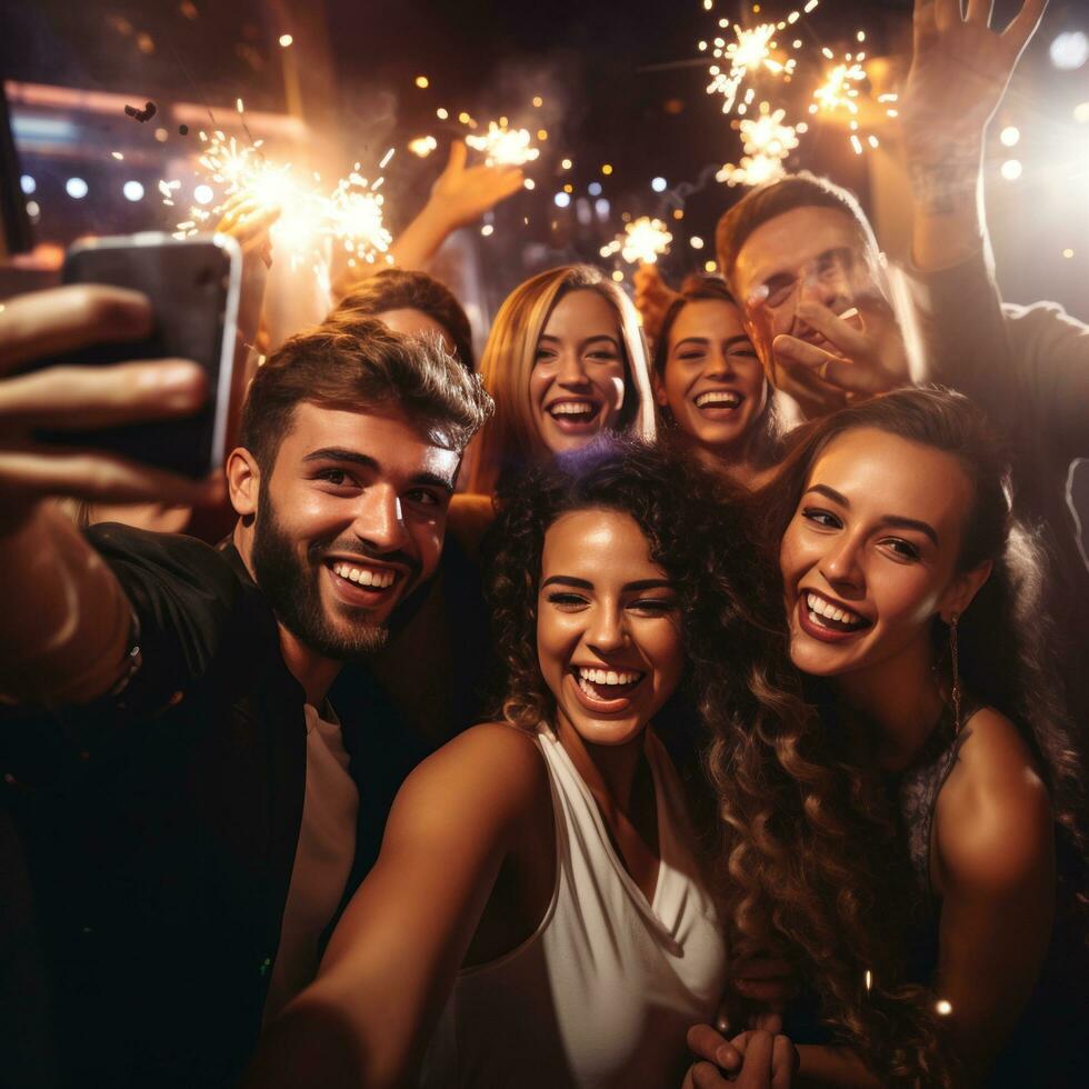 ai generado un grupo de personas en de moda trajes posando para un selfie con el DJ en el fondo, foto