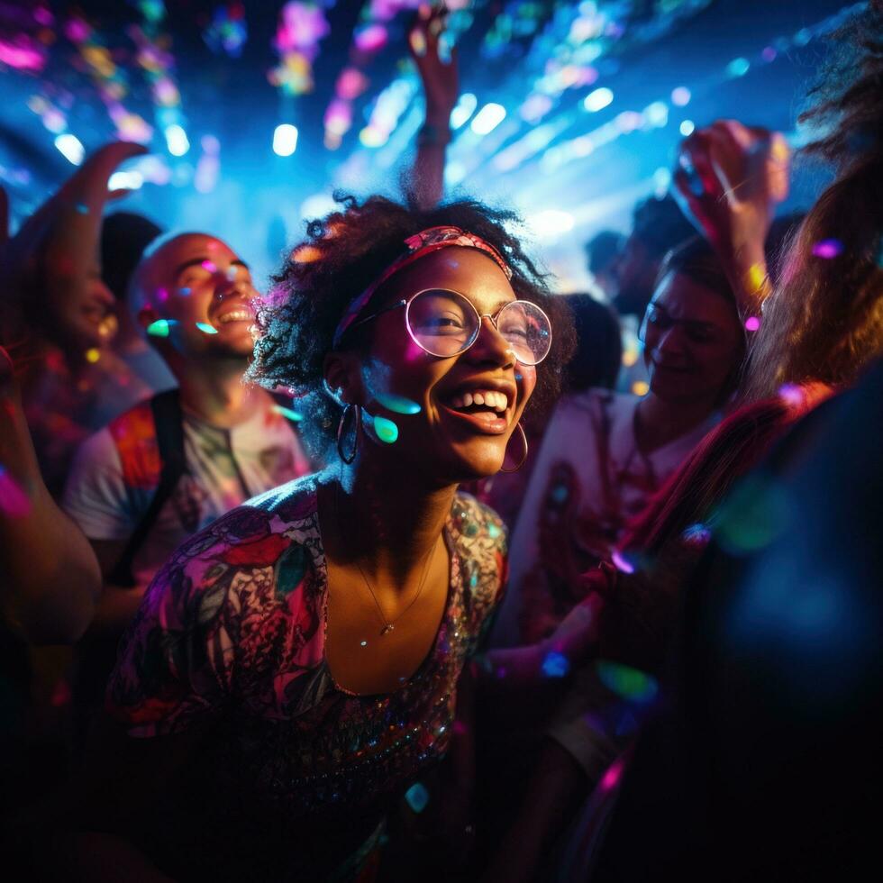 AI generated A group of young people dancing and laughing together in a packed nightclub photo
