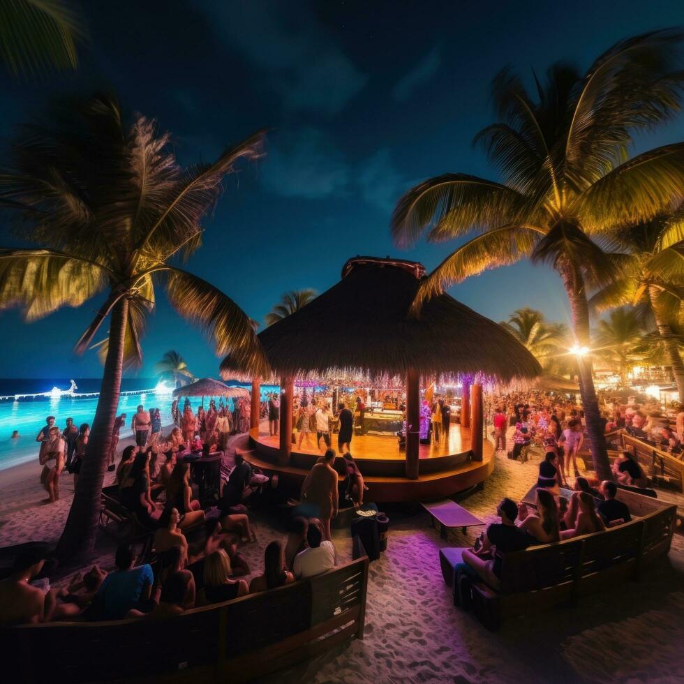 AI generated beach bar with bright lights and lively music, surrounded by palm trees and people enjoying the party. photo