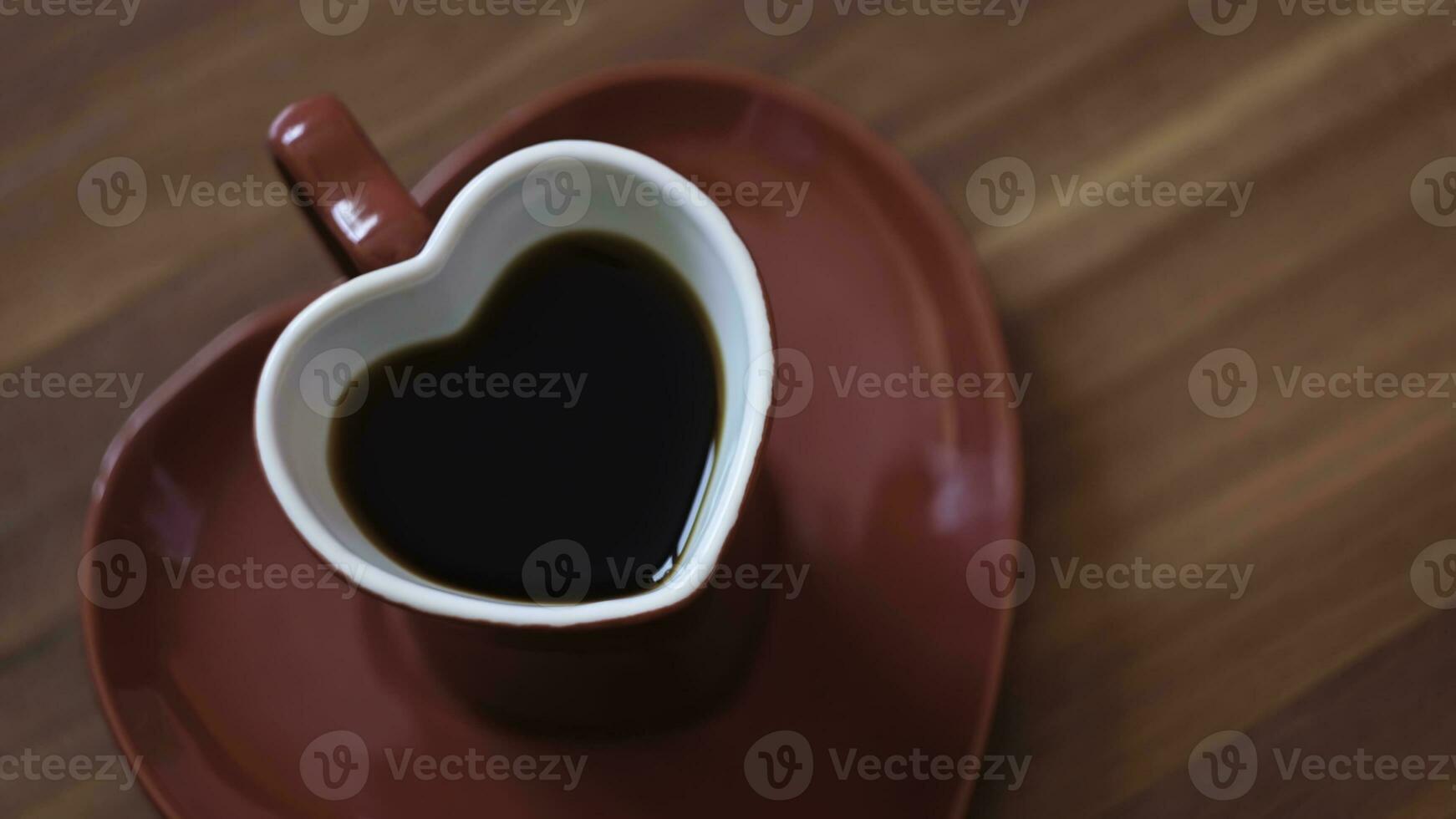 Woman made coffee in heart mug. Concept. Beautiful red heart-shaped mug with dark coffee. Romantic heart-shaped mug with coffee on romantic day photo