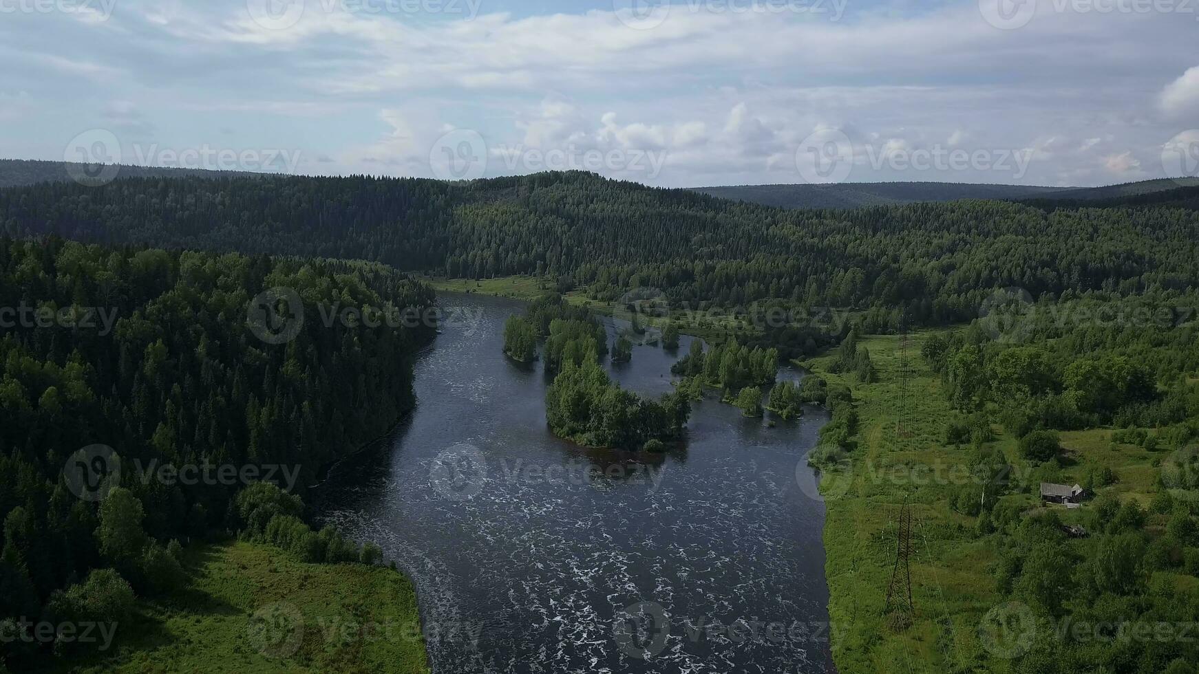 el ver desde el zumbido. acortar. un grande verano estanque y un bosque alrededor eso y grande verde arboles y un azul cielo gastos generales. foto