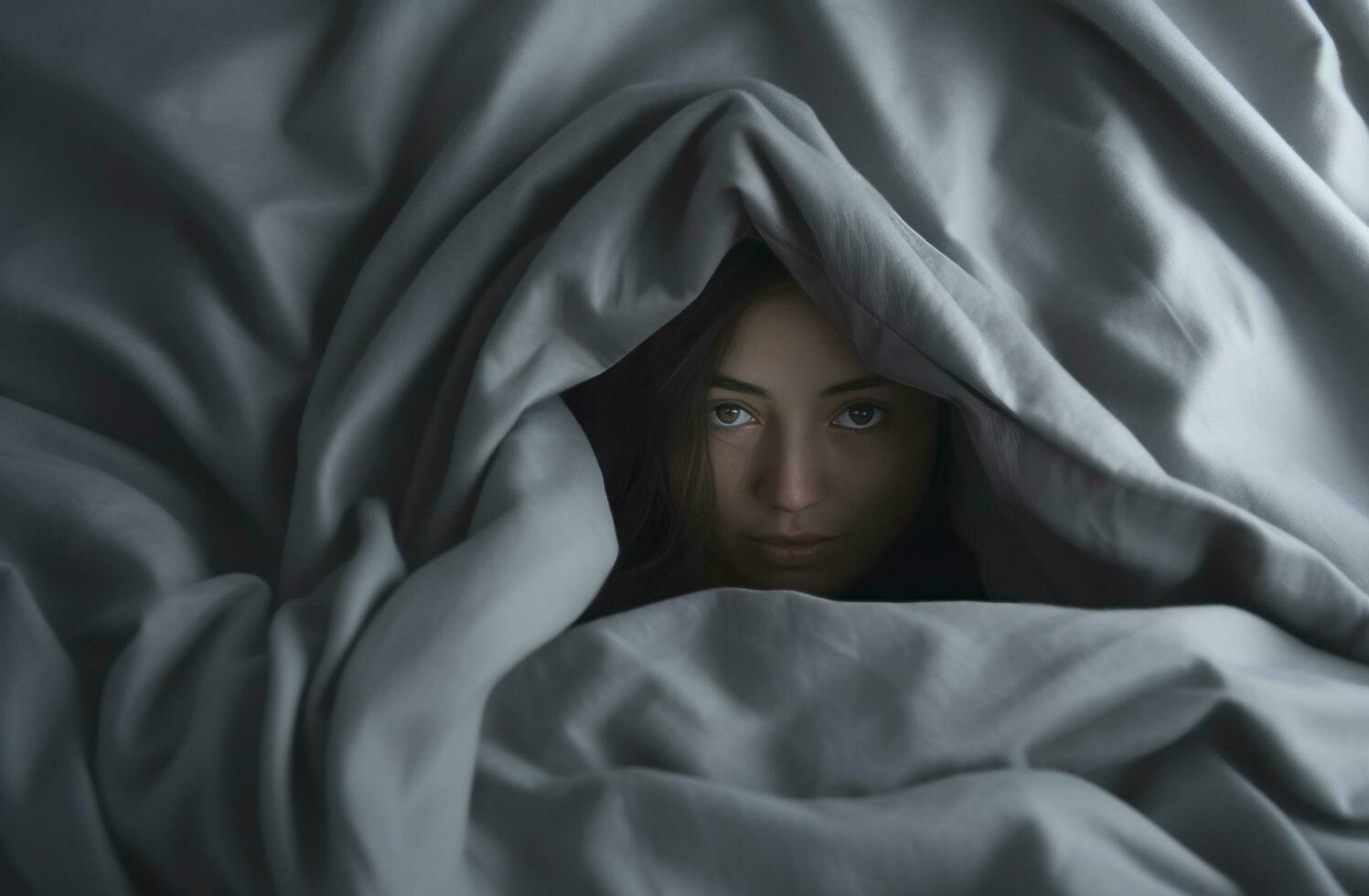 AI generated a person hiding under a blankets in a bed photo