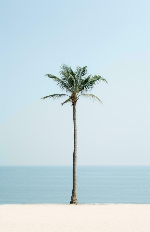 ai generado un palma árbol se sienta en el arena, siguiente a un playa, foto