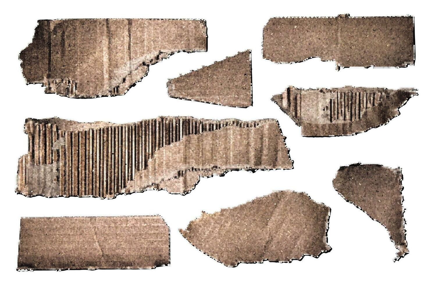 A set of torn cardboard, parts from a cardboard box with corrugation. Fashionable elements for collage with halftone effect. vector