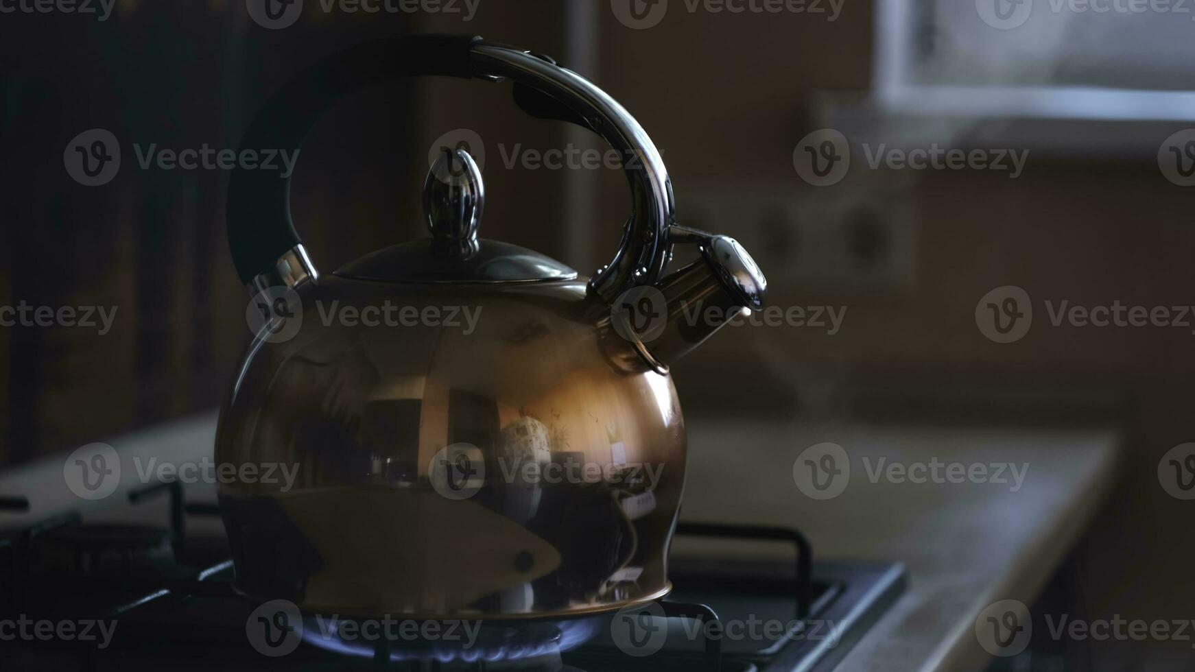 Close up of steaming tea kettle. Concept. Heater glowing under the steel polished kettle with boiling water and the reflection of the kitchen in its surface. photo