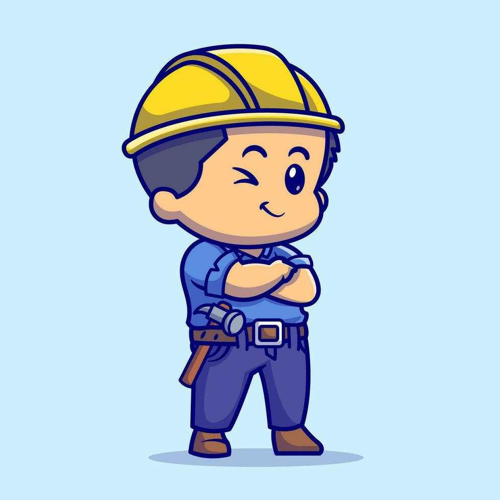 Cute People Contraktor Cartoon Vector Icon Illustration. People Building Icon Concept Isolated Premium Vector. Flat Cartoon Style