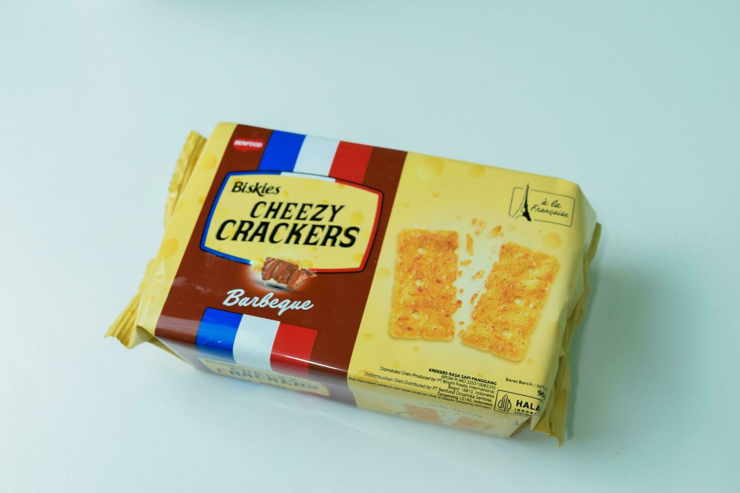 Biskies Cheezy crackers on white background. Bekasi, Indonesia, December 14, 2023 photo