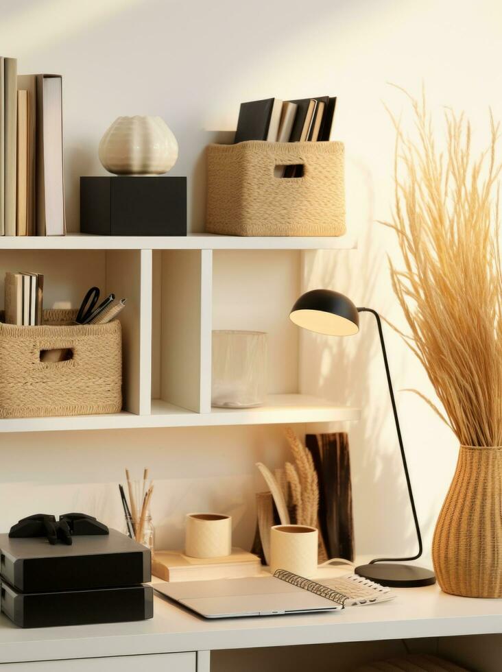 ai generado un blanco estante con un escritorio, y blanco cajas, cestas, y un lámpara foto