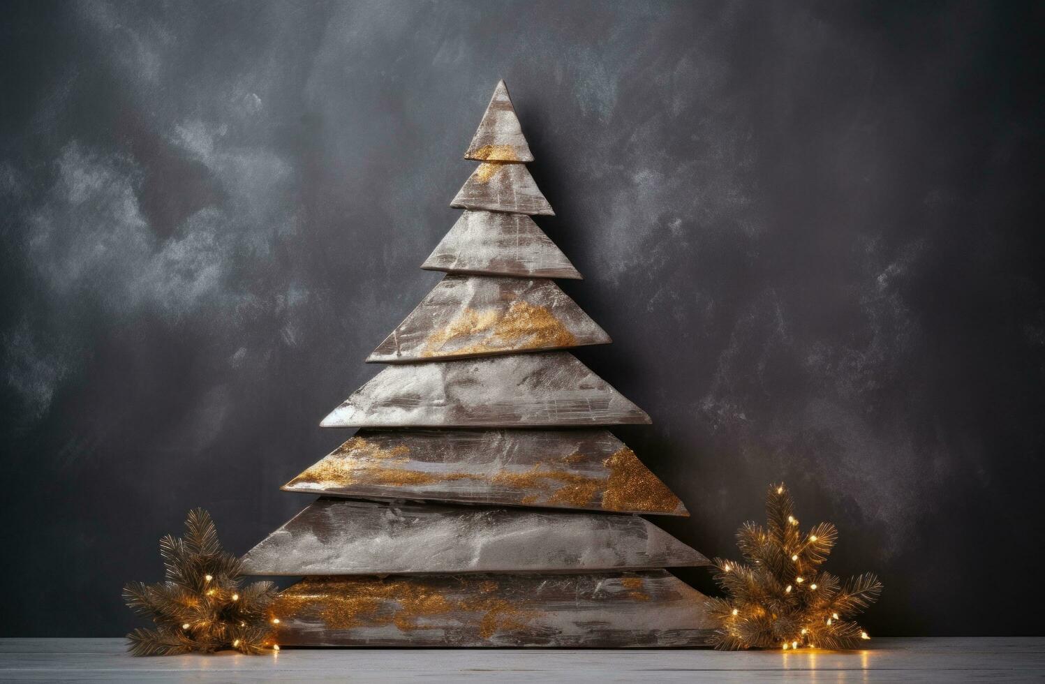 AI generated a wooden christmas tree in front of a cement backdrop photo