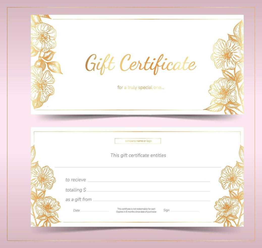Voucher, Gift certificate, Coupon template with golden floral border frame. Elegant female background for invitation, ticket, reward. Hand-drawn vector flowers.
