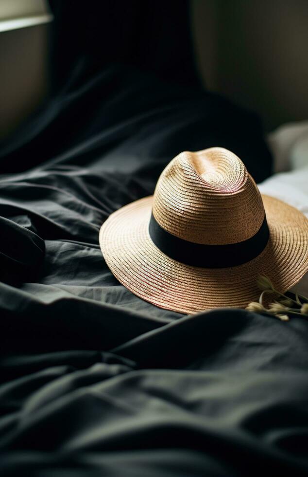 AI generated a straw hat, sunglasses and a straw bucket hat lying on a white blanket, photo