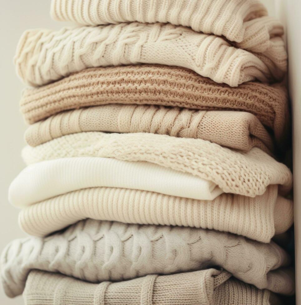 AI generated a stack of knit sweaters on an image background photo