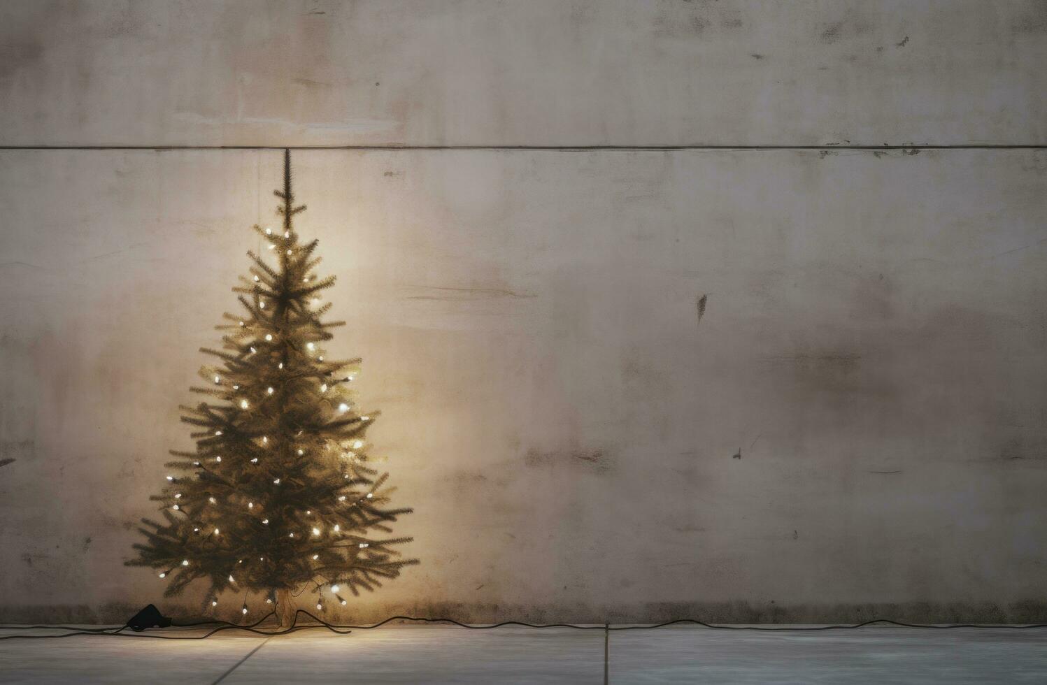 AI generated a small christmas tree with lights in front of an ugly concrete wall, photo