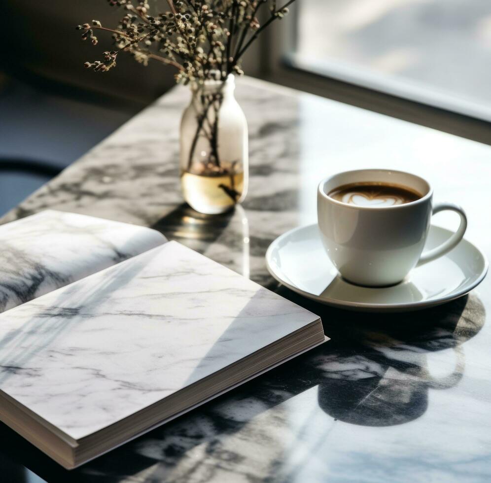 AI generated coffee and a book on a white table photo
