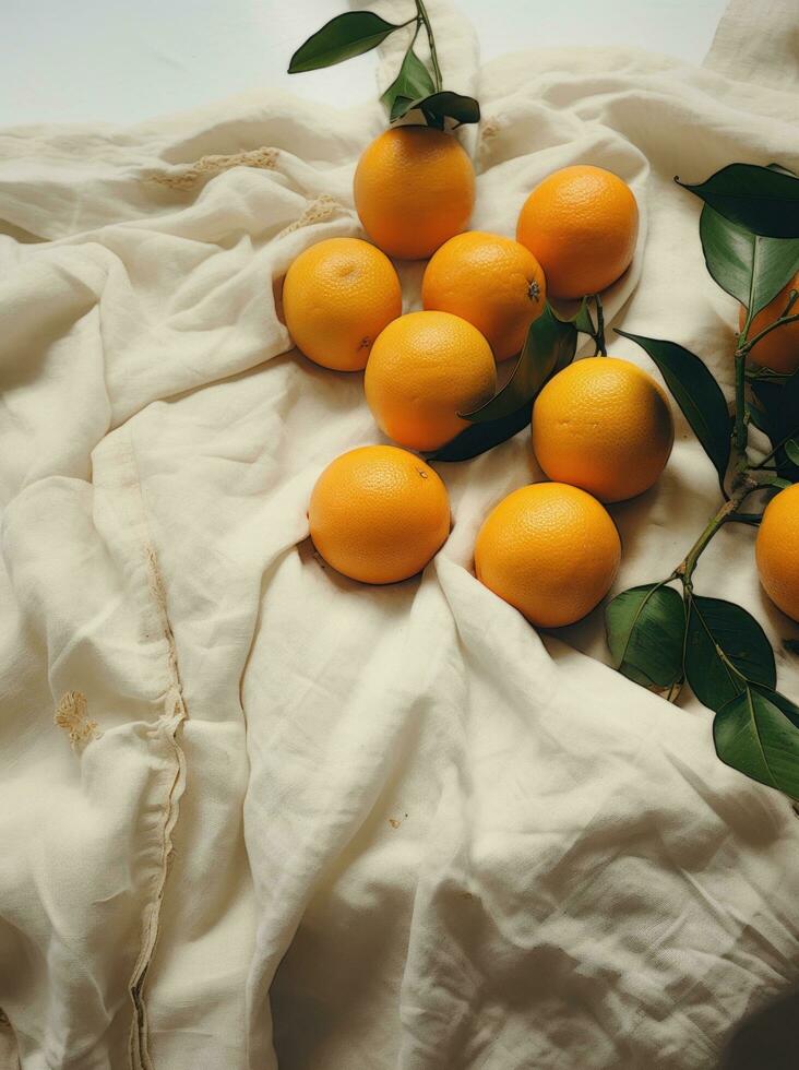 AI generated eight tangerines on white cloth, with green leaves, everyday ephemera, organic material photo