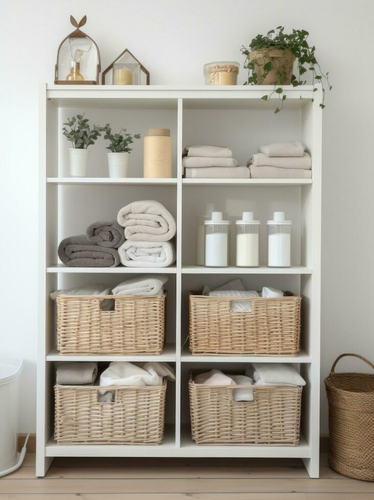 AI generated clean white shelf with wicker baskets and boxes photo