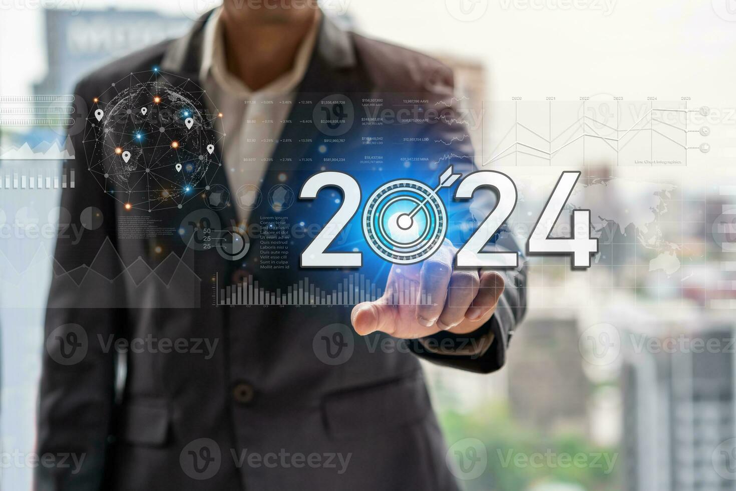 empresario con un moderno visual pantalla 2024 global red conexión grafico analizando financiero crecimiento y negocio planificación concepto foto