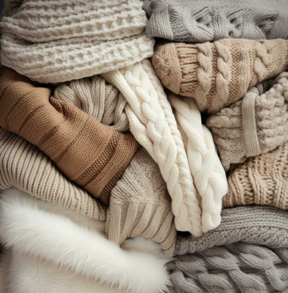 AI generated dozens of knit sweaters of different colors, photo