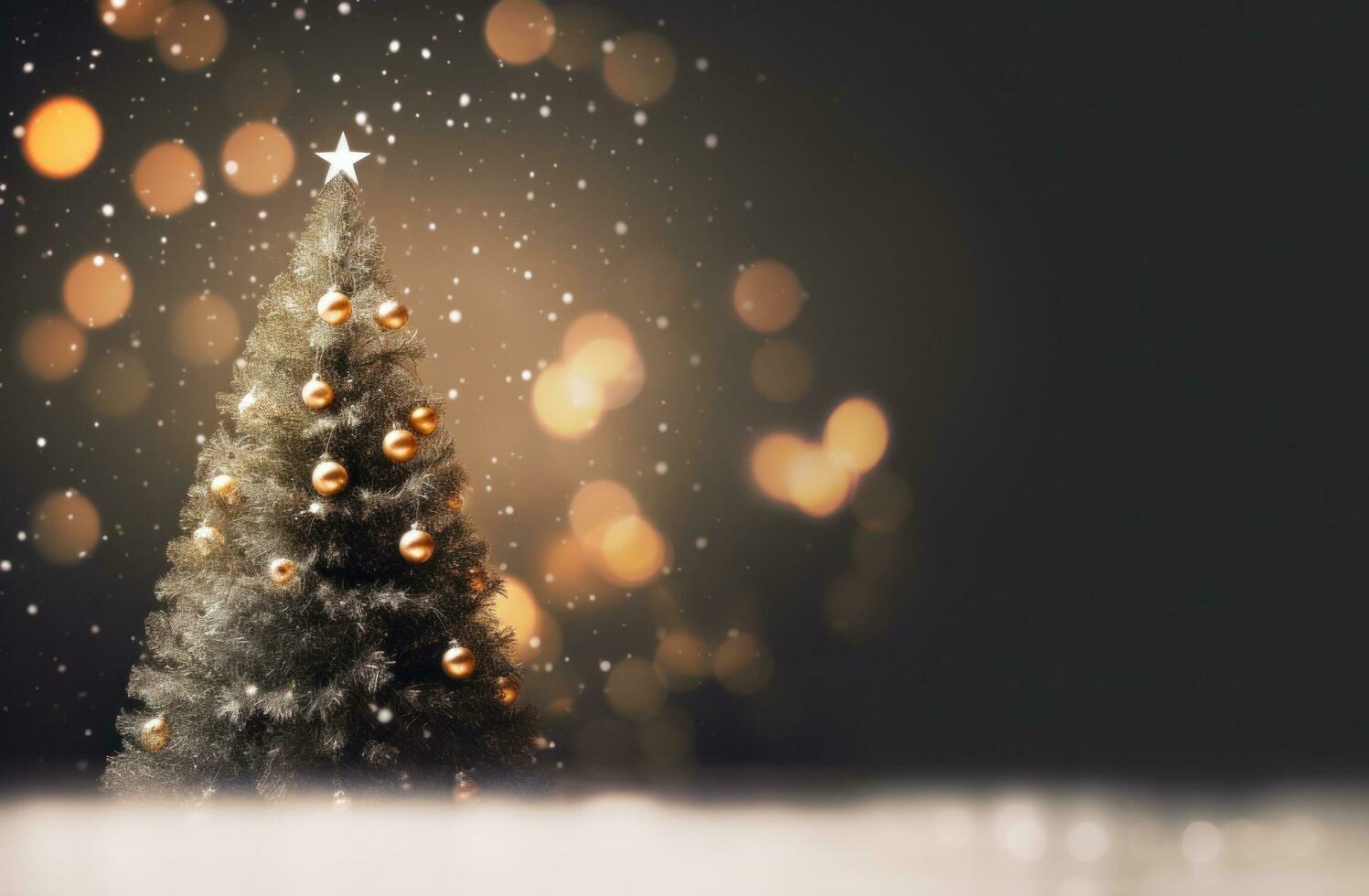 AI generated christmas tree in an open, grey room with a bokeh effect photo