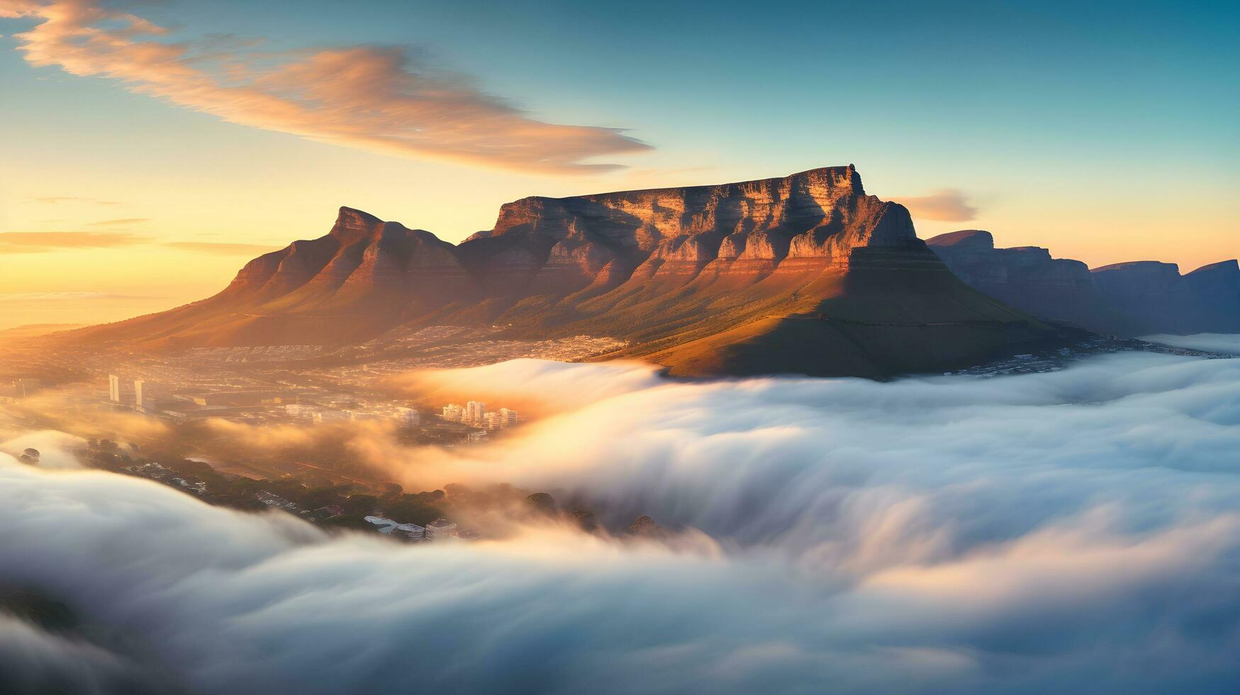 AI generated Dramatic Sunrise Morning Fog Over Table Mountain. AI Generated photo